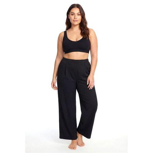 Kadın Siyah İnce Çizgili Büyük Beden Cepli Pijama Altı