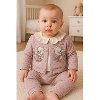 Brode İşlemeli Kalp Desenli 3'lü Hırkalı Kız Bebek Takım