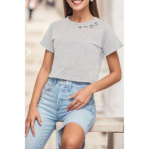 Nakışlı Crop Tişört Gri