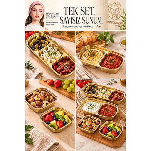 18/10 Çelik 4 Parça Bölmeli Sosluk Çerezlik Sunum Tabağı Seti GOLD 723749