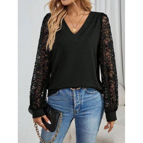 Kadın Uzun Kollu V Yakalı Dantelli Viskon Iki Iplik Bluz