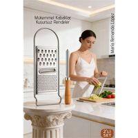 Paslanmaz Çelik El Rendesi ve Ahşap Saplı Kabak Oyacağı - 2'li Profesyonel Mutfak Hazırlık Seti