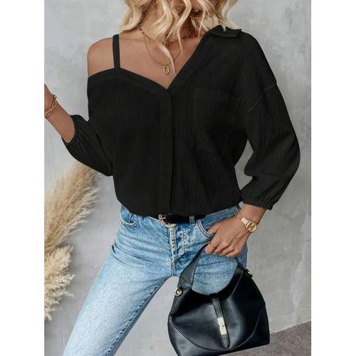 Kadın Tek Omuzdan Açık Askılı Uzun Kollu Yakalı önden Düğmeli Gömlek