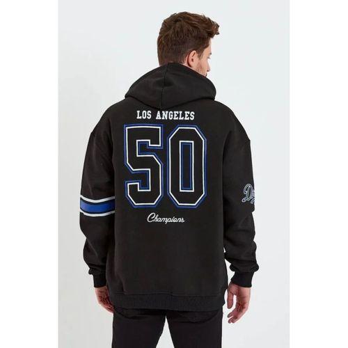 Erkek Baskılı Kapşonlu Üç Iplik Oversize Sweatshirt - Siyah