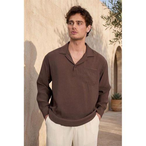 Sartre Apaş Yaka Tek Cepli İnce Modal Kumaş Oversize Uzun Kollu Yazlık Gömlek - Kahve