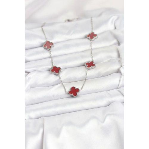 316L Çelik Zincir Gümüş Renk Bordo Renk Yonca Kadın Kolye