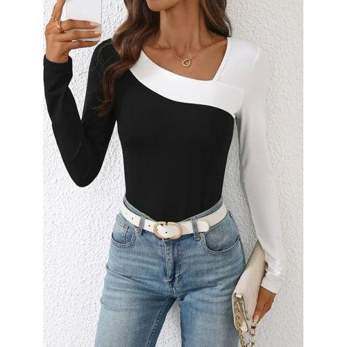 Kadın Uzun Kollu Geometrik Yaka Detaylı çift Renkli Viskon Bluz