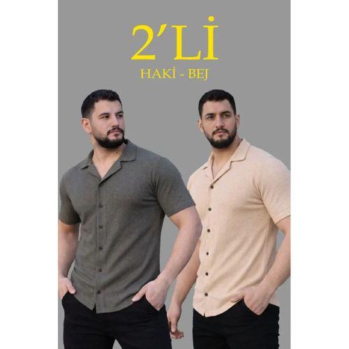 Erkek Waffle Dokuma Açık Yakalı Düğmeli Regular Kalıp 2’li Gömlek Seti - Haki - Bej