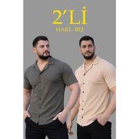 Erkek Waffle Dokuma Açık Yakalı Düğmeli Regular Kalıp 2’li Gömlek Seti - Haki - Bej