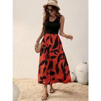 Kadın Askılı Yuvarlak Yaka üst Viskon Alt Desenli Uzun Süprem Elbise