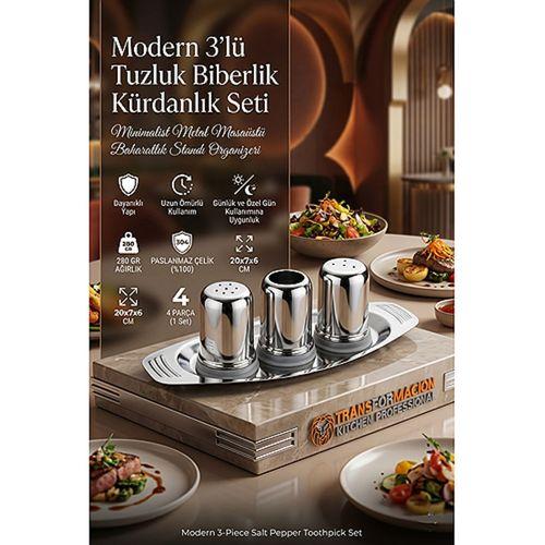 Modern 3'lü Tuzluk Biberlik Kürdanlık Seti - 304 Paslanmaz Çelik Minimalist Metal Masaüstü Baharatlık Standı Organizeri 723322