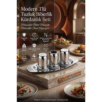 Modern 3'lü Tuzluk Biberlik Kürdanlık Seti - 304 Paslanmaz Çelik Minimalist Metal Masaüstü Baharatlık Standı Organizeri 723322