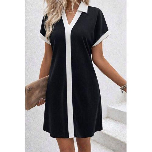 Kadın Kısa Kollu V Yakalı Onden şerit Detaylı Yakalı Kısa Janjan Krep Elbise
