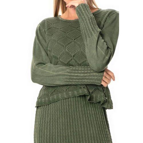 Uzun Kol Ahu Otantik Örgü Desenli Kışlık Uzun Triko Elbise Haki Hk