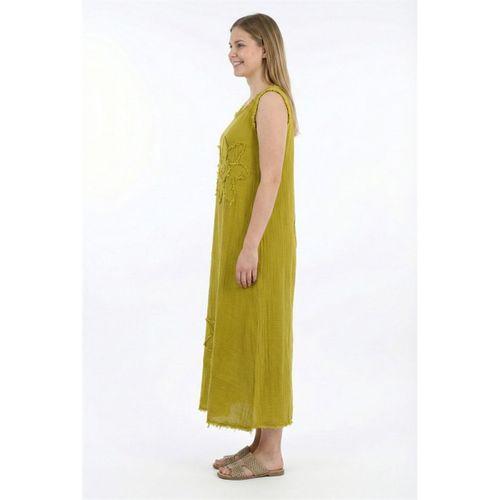 Kolsuz Ferah Bisiklet Yaka Yazlık Otantik Müslin Uzun Elbise Yağ Yeşili Ygysl