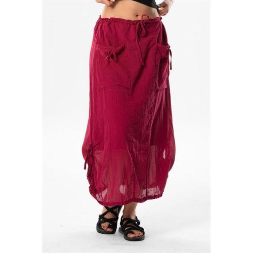 Gökşen Vual Bağlama ve Lastik Detay Midi Boy Yazlık Otantik Etek Bordo Brd