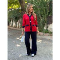 Kadın Uzun Kollu Ribanali Cep Detay Hırka Ve Bol Paça Pantolon Ikili Takım