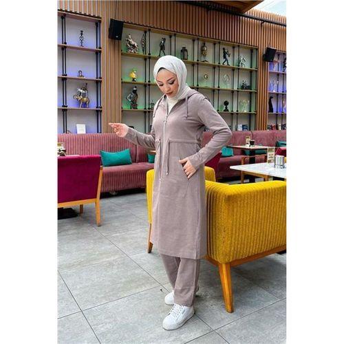 Kapşonlu Belden Bağlamalı Fermuarlı Sade Basic Uzun Tunik ve Pantolon İkili Spor Takım - 03065.016 - Vizon