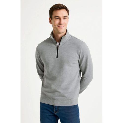 Erkek Dik Yaka Sweatshirt Dik Yaka Yarım Fermuarlı 3 İplik Şardonlu Pamuk Kumaş - Gri