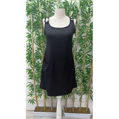 Kadın Kolsuz Kalın Askılı Düğme Detay Cepli Keten Elbise