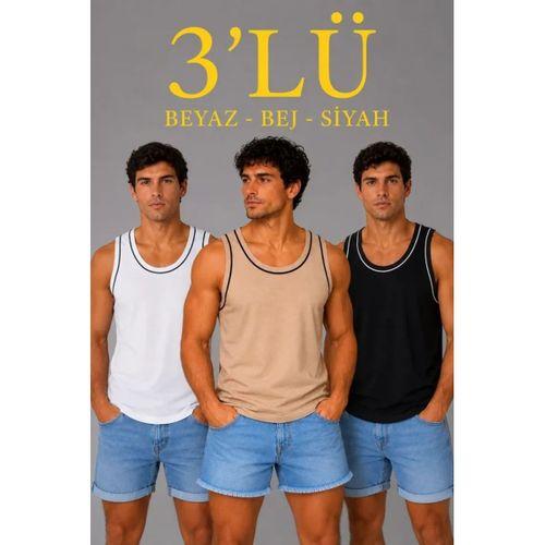 Erkek 3’lü Kolsuz Sporcu Atlet Seti Yazlık Bisiklet Yakalı - Siyah, Bej, Beyaz