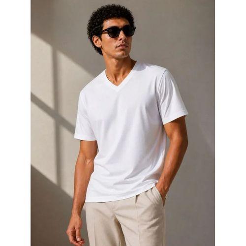 Erkek V Yaka Basic Tişört Kısa Kol Yazlık Regular Fit T-Shirt - Beyaz