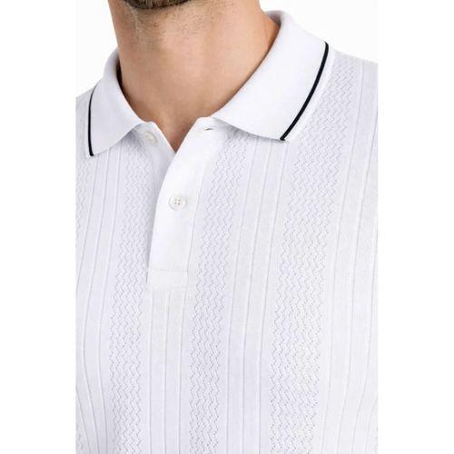 Erkek Düğmeli Yaka Triko Dokuma Tişört Desenli Yazlık Şık Günlük Triko Tişört - Beyaz