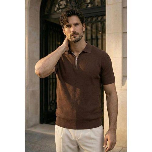 Jeff Selanik Örgü Polo Yaka Yarım Fermuarlı İnce Triko Erkek T-Shirt - Kahve
