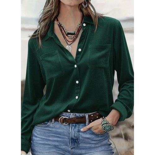 Kadın Uzun Kollu Yakalı önden Düğmeli Cep Detaylı Kadife Gömlek