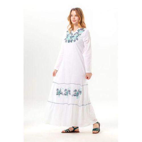 Uzun Kol Venedik Nakışlı Şile Bezi Otantik Uzun Elbise Beyaz Byz