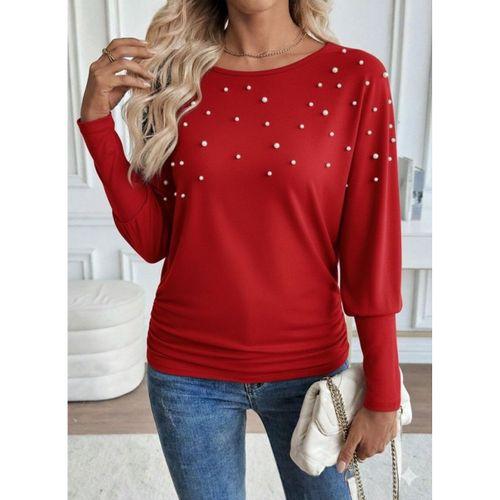 Kadın Uzun Kollu Yuvarlak Yaka Incili Viskon Bluz