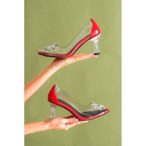 BAYAN DELLY KIRMIZI ŞAMPANYA TOPUK GÜNEŞ TAŞLI ŞEFFAF AYAKKABI