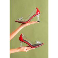 BAYAN DELLY KIRMIZI ŞAMPANYA TOPUK GÜNEŞ TAŞLI ŞEFFAF AYAKKABI