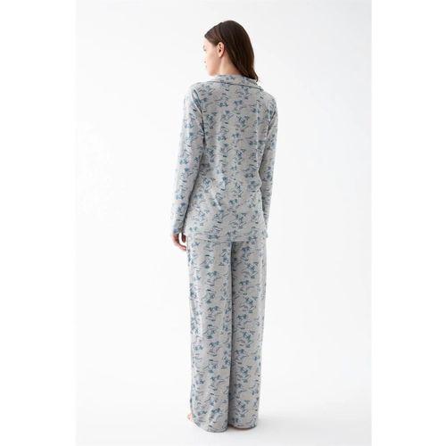 Kadın Gri Desenli Düğmeli Pamuklu Pijama Takımı
