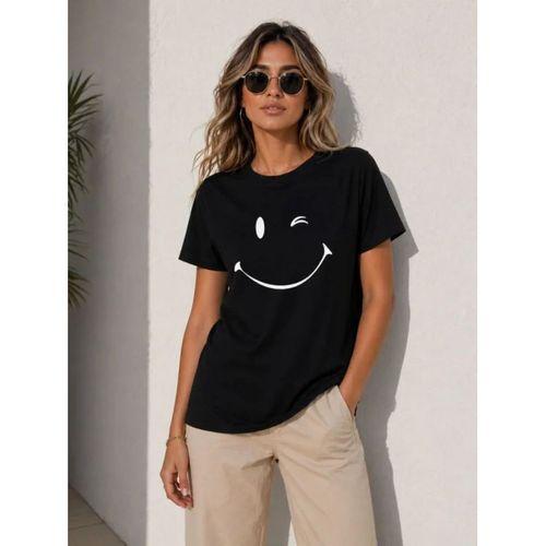 Minimal Gülümseyen Yüz Baskılı Tişört Kısa Kol Yazlık T-Shirt - Siyah