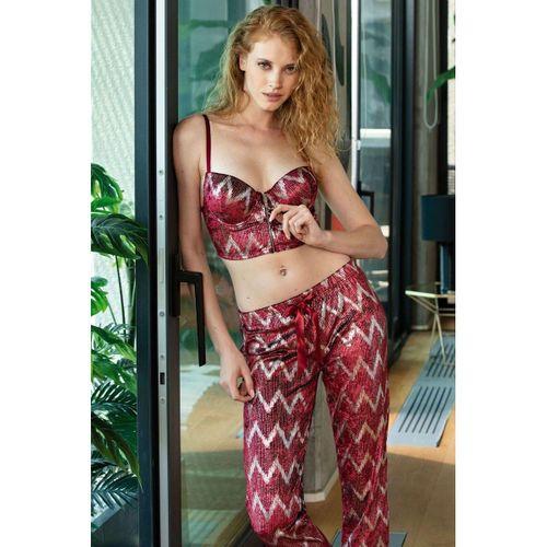Kadife Balenli Destekli Dolgulu Parlak Baskılı Fermuar Detaylı Büstiyer Ve Pantolon Pijama Takım