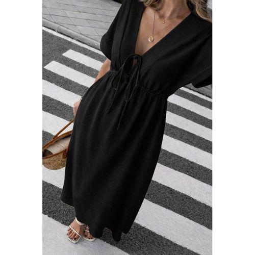 Kadın V Yaka Büzgülü Ip Detay Aerobin Kumaş Elbise