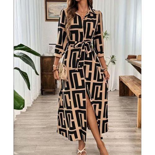 Kadın Uzun Kollu Yakalı önden Düğmeli Uzun Süprem Elbise