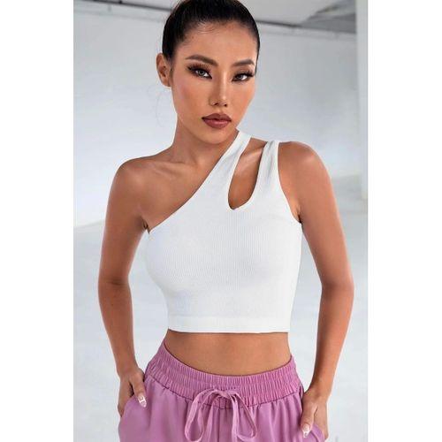 Kadın Beyaz Modern Fit Tek Omuz Cut Out Detaylı Crop Top Bluz