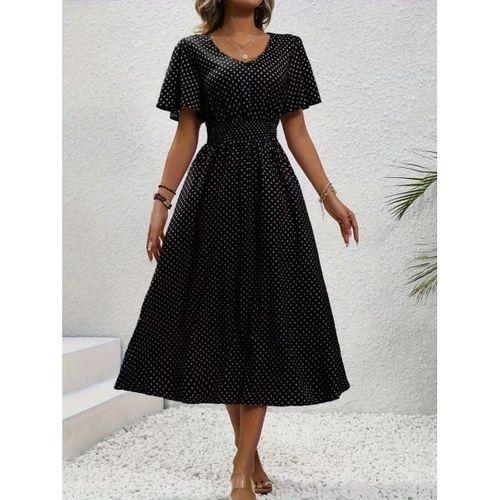 Kadın Kısa Kollu V Yakalı Beli Lastikli Midi Süprem Elbise