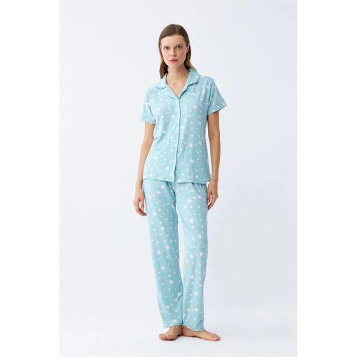 Kadın Buz Mavisi Yıldız Desenli Önden Düğmeli Pijama Takımı