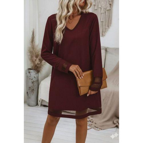 Kadın Uzun Kollu V Yakalı Tül şerit Detaylı Mini Krep Elbise