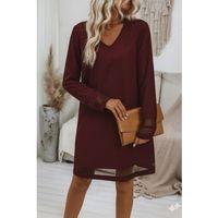 Kadın Uzun Kollu V Yakalı Tül şerit Detaylı Mini Krep Elbise