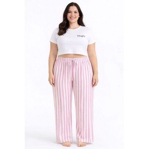 Viskon Pamuklu Kadın Büyük Beden Pudra Pembe Çizgili Pijama Pantolon - MGB004 - Mudanis