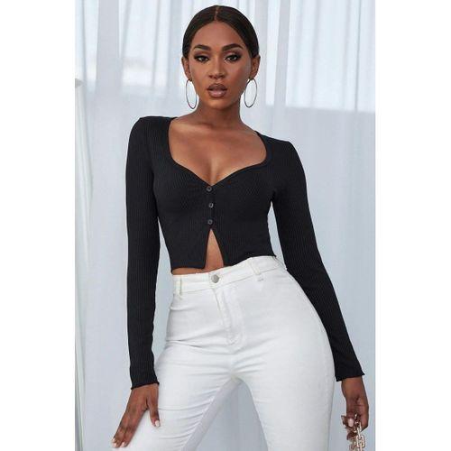 Kadın Siyah Uzun Kollu Düğme Detaylı Göğüs Ve Göbek Dekolteli Crop Top Bluz Premium Stil