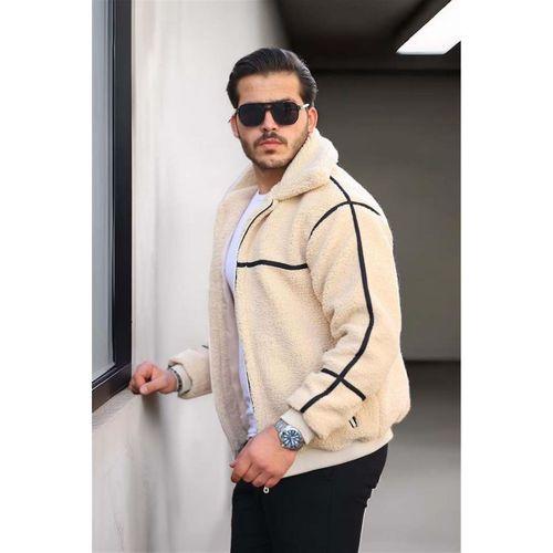 İçi Astarlı Şerit Detaylı Peluş Erkek Mont - Ekru