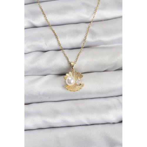316L Çelik Zincir Gold Renk İstiridye İnci Model Zirkon Taşlı Kadın Kolye