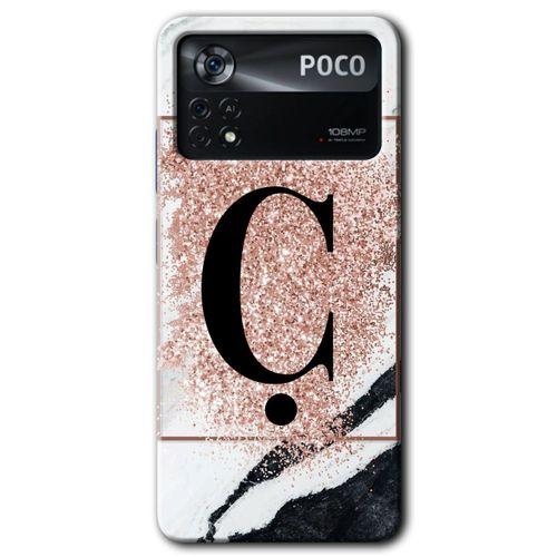 Xiaomi Poco x4 Pro HD Baskılı Kılıf + 9D Tam Ekran Koruyucu - Pembe Mermer Desenli Ç Harfi