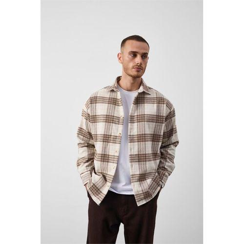 Brandon Relaxed Fit Pamuklu Geniş Çizgili Oduncu Erkek Gömlek - Açık Bej