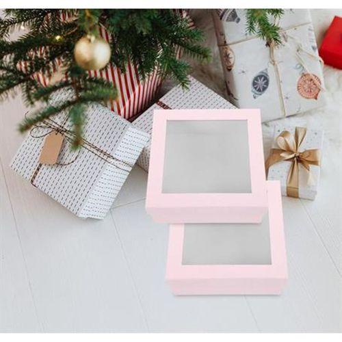 2 Adet Pencereli Hediye Kutusu,Şeffaf Pvc Pencereli Pembe Renkli 22X22X7,5